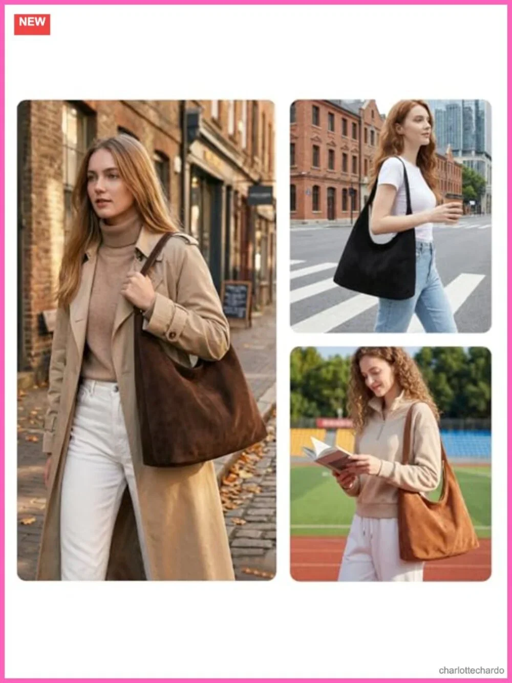Slouchy Faux Suede Hobo Bag with Removable Pouch Large Shoulder Tote